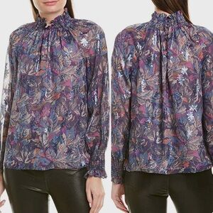 Rebecca Taylor Giverney Fleur Smocked Multicolor Floral Silk Blouse